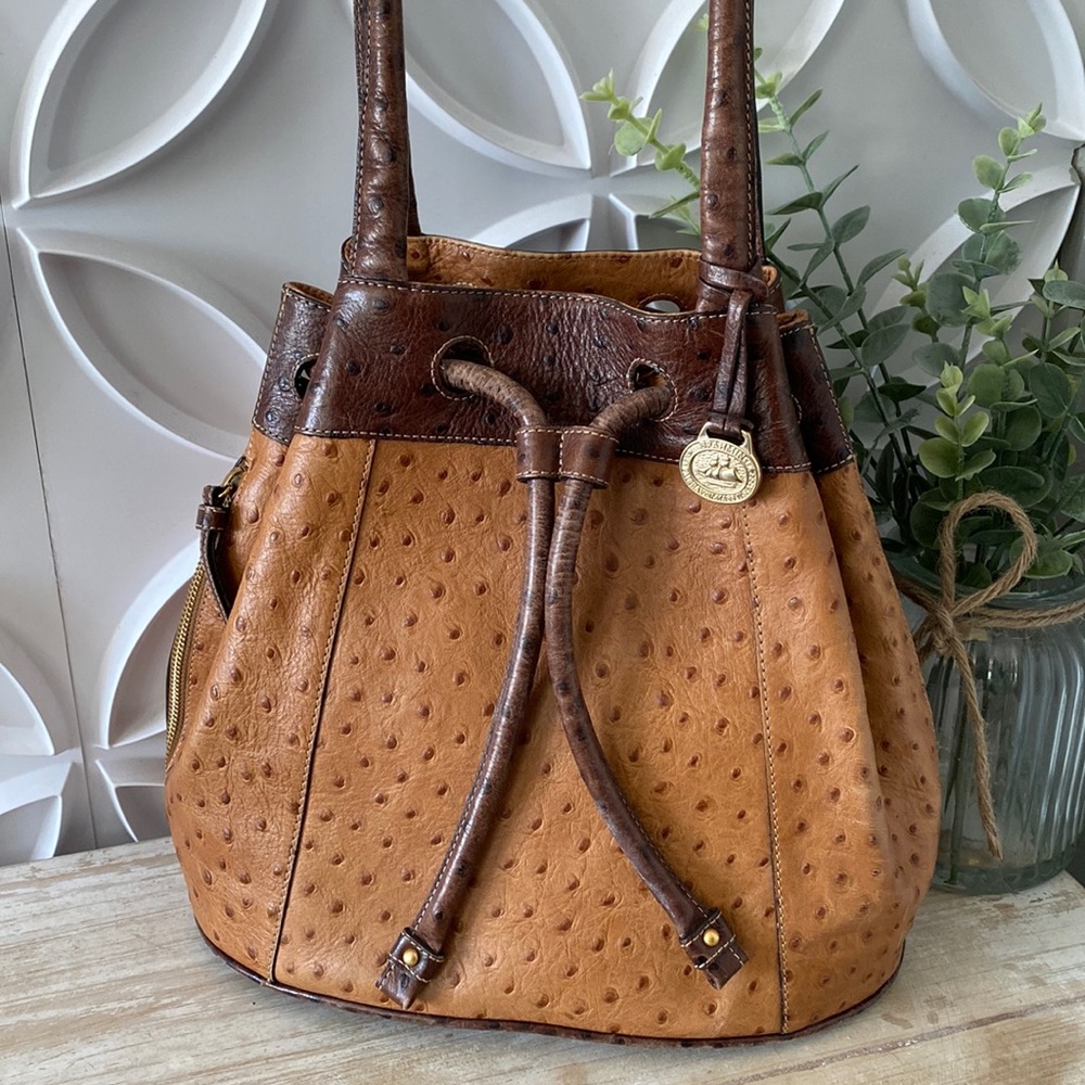 Brahmín Ostrich Brown Leather Bucket Bag Drawstring Closure